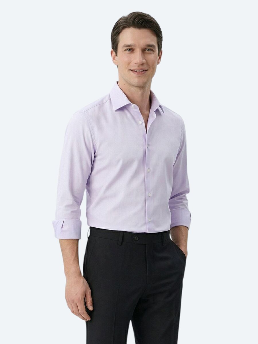 Purple Plain Slim Fit Long Weaving Classical 100% Cotton Shirt - 1
