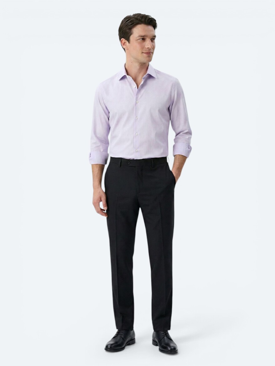 Purple Plain Slim Fit Long Weaving Classical 100% Cotton Shirt - 3