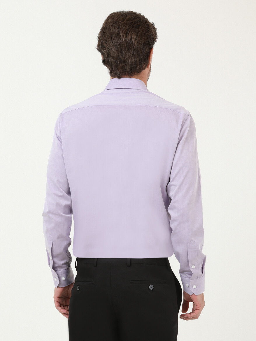 Purple Plain Slim Fit Long Weaving Classical Cotton Blended Shirt - 4