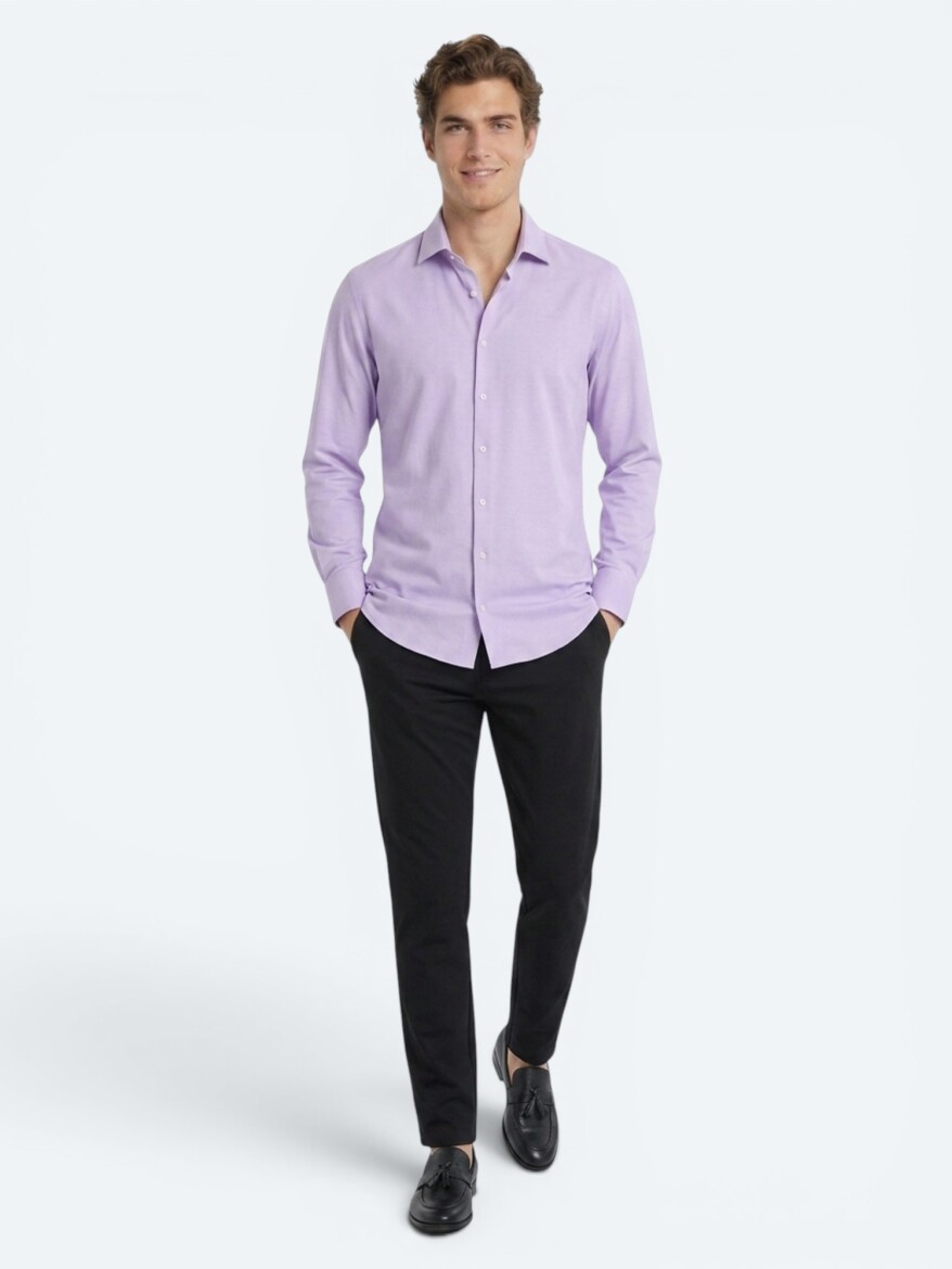 Purple Plain Slim Fit Long Weaving Classical Cotton Blended Shirt - 2