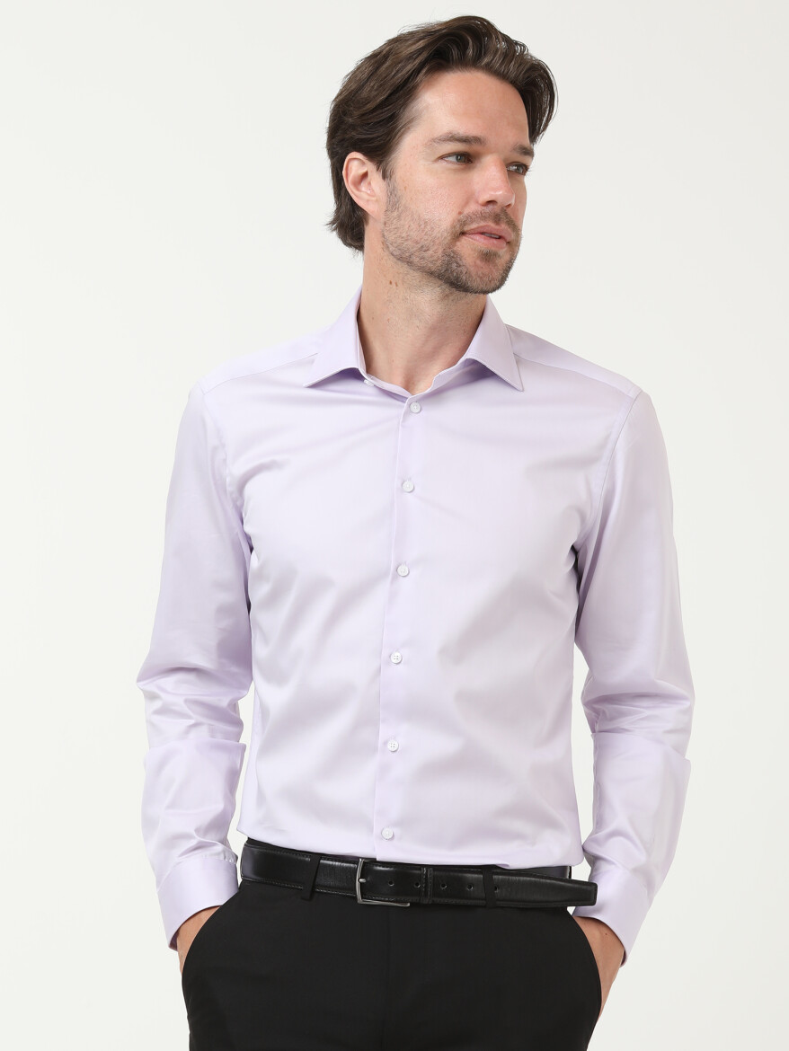 Purple Plain Slim Fit Weaving Classical 100% Cotton Shirt - 1