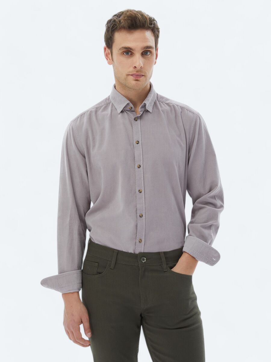 Purple Ribbed Regular Fit Long Weaving Casual 100% Cotton Shirt - 1