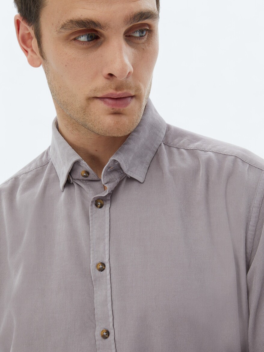 Purple Ribbed Regular Fit Long Weaving Casual 100% Cotton Shirt - 4