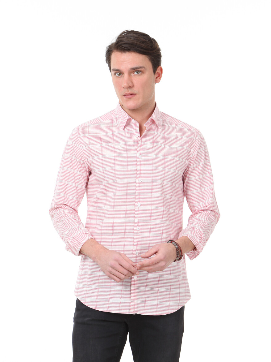 Red Checkered Slim Fit Long Weaving Casual Cotton Blended Shirt - 1