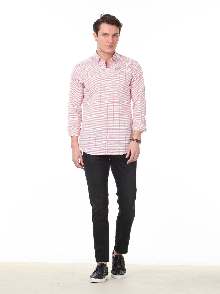 Red Checkered Slim Fit Long Weaving Casual Cotton Blended Shirt - 2