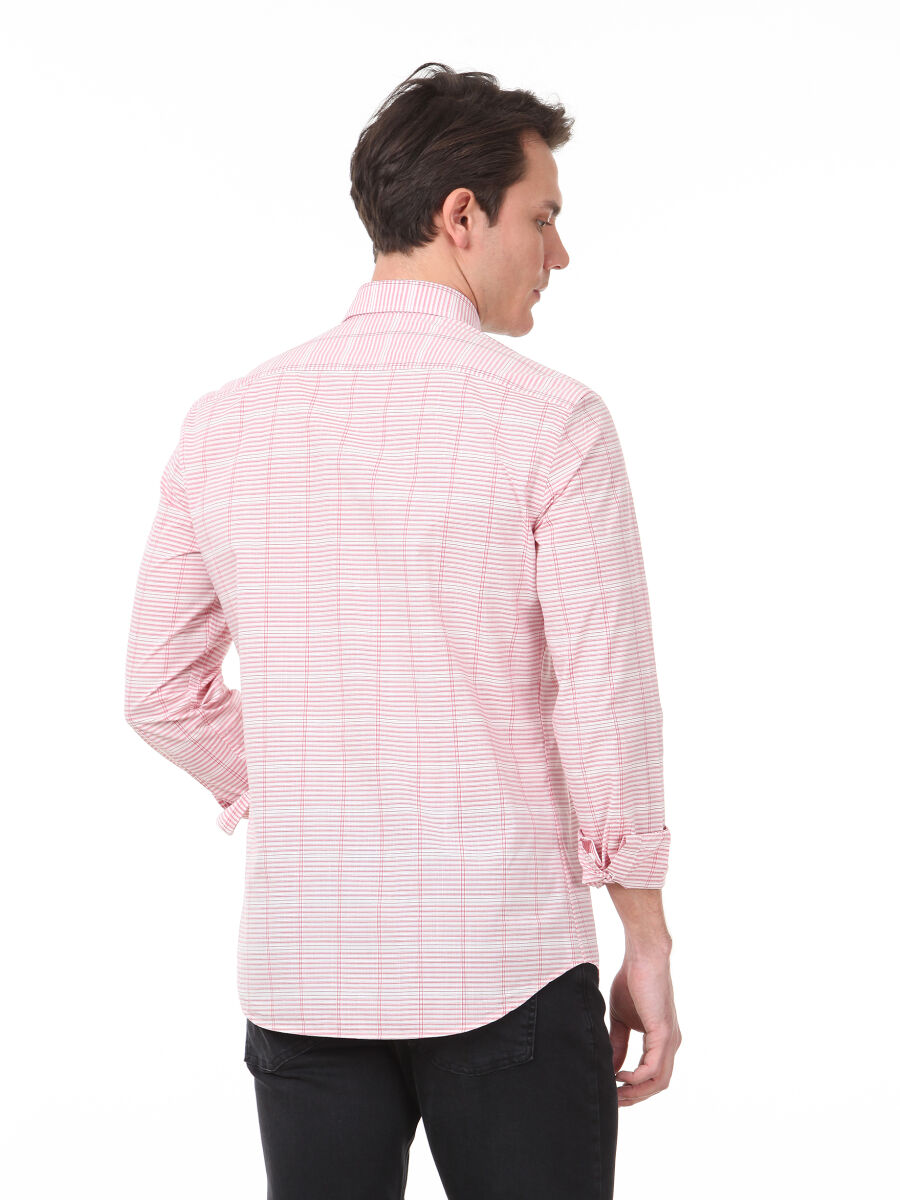 Red Checkered Slim Fit Long Weaving Casual Cotton Blended Shirt - 4