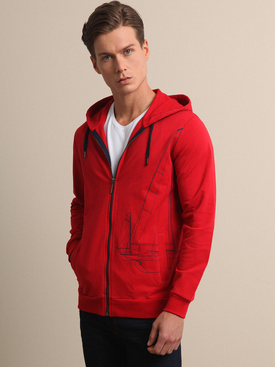 Red Hooded Plain Sweatshirt - 1