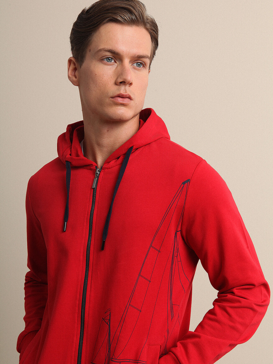Red Hooded Plain Sweatshirt - 2