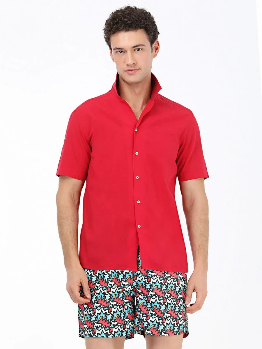 Red Patterned Regular Fit Weaving Casual 100% Cotton Shirt - 3