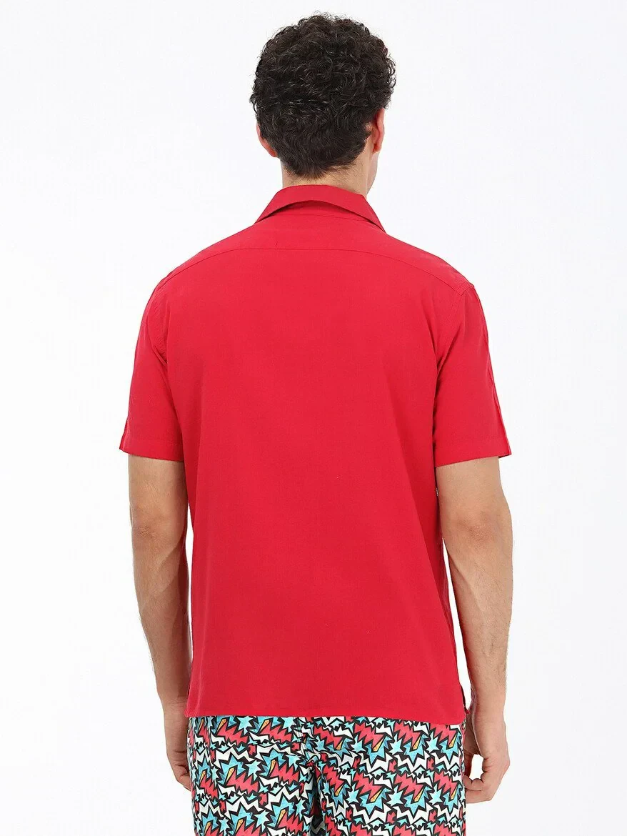 Red Patterned Regular Fit Weaving Casual 100% Cotton Shirt - 5