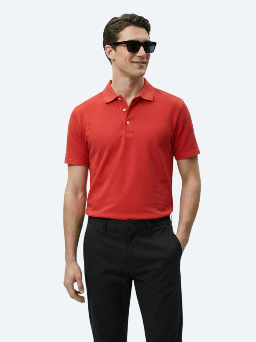 Red Plain Polo Neck 100% Cotton T-Shirt - 1