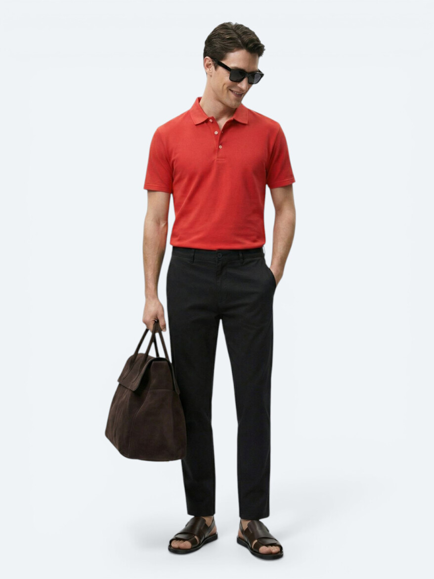 Red Plain Polo Neck 100% Cotton T-Shirt - KİP