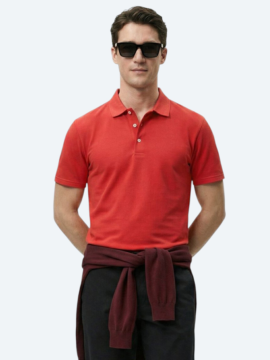 Red Plain Polo Neck 100% Cotton T-Shirt - 4