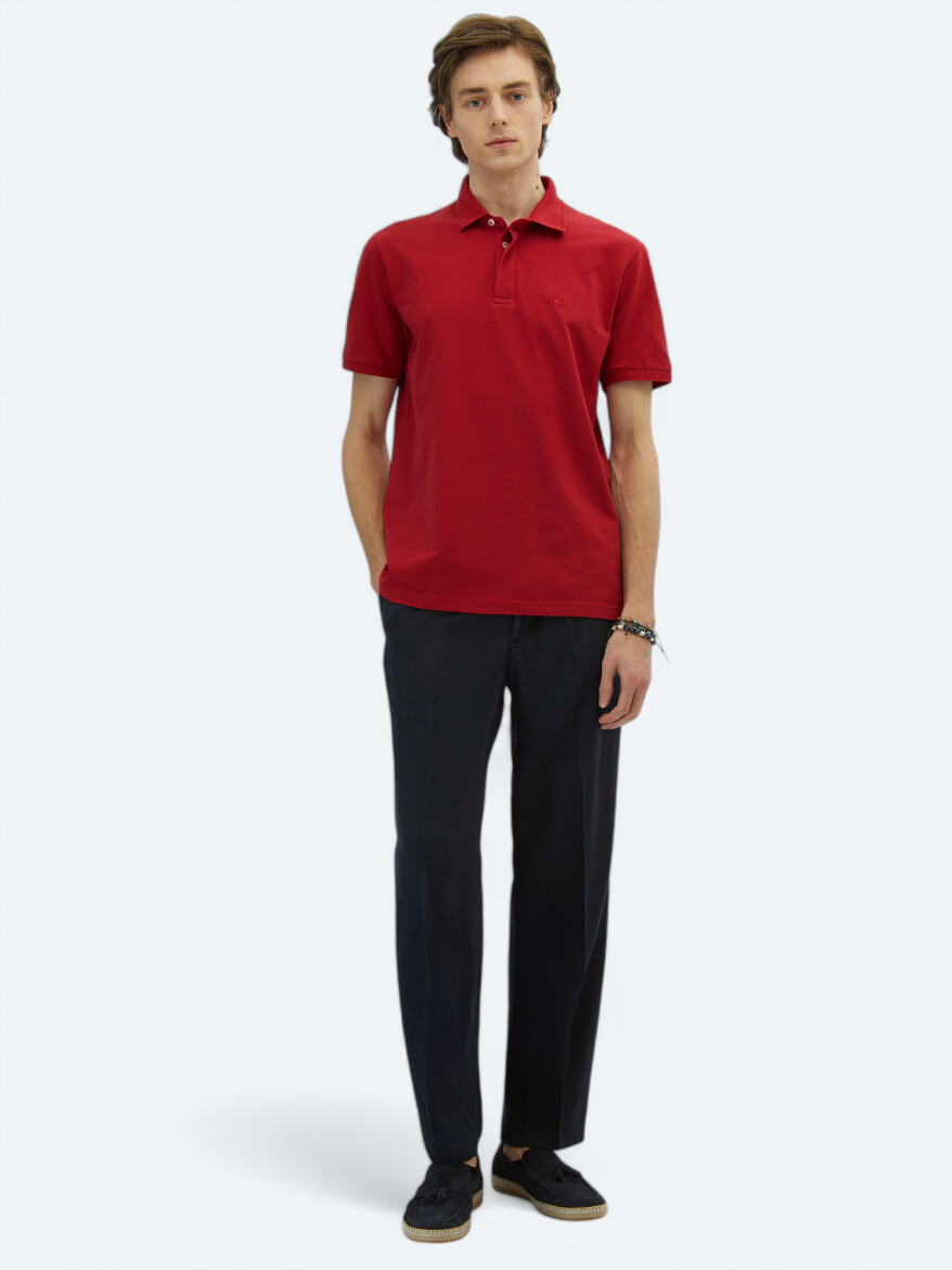 Red Plain Polo Neck 100% Cotton T-Shirt - KİP