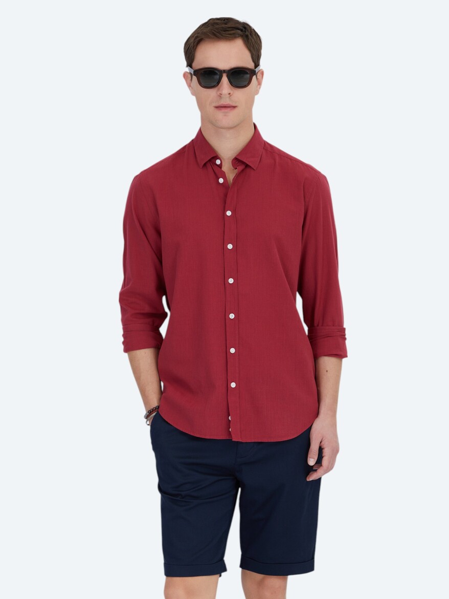 Red Plain Regular Fit Long Weaving Casual 100% Cotton Shirt 