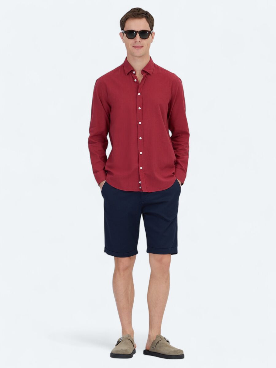 Red Plain Regular Fit Long Weaving Casual 100% Cotton Shirt - 2