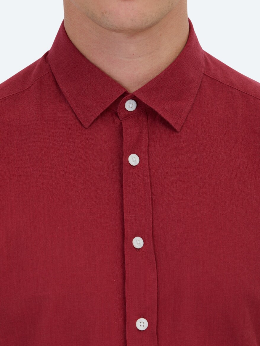 Red Plain Regular Fit Long Weaving Casual 100% Cotton Shirt - 5