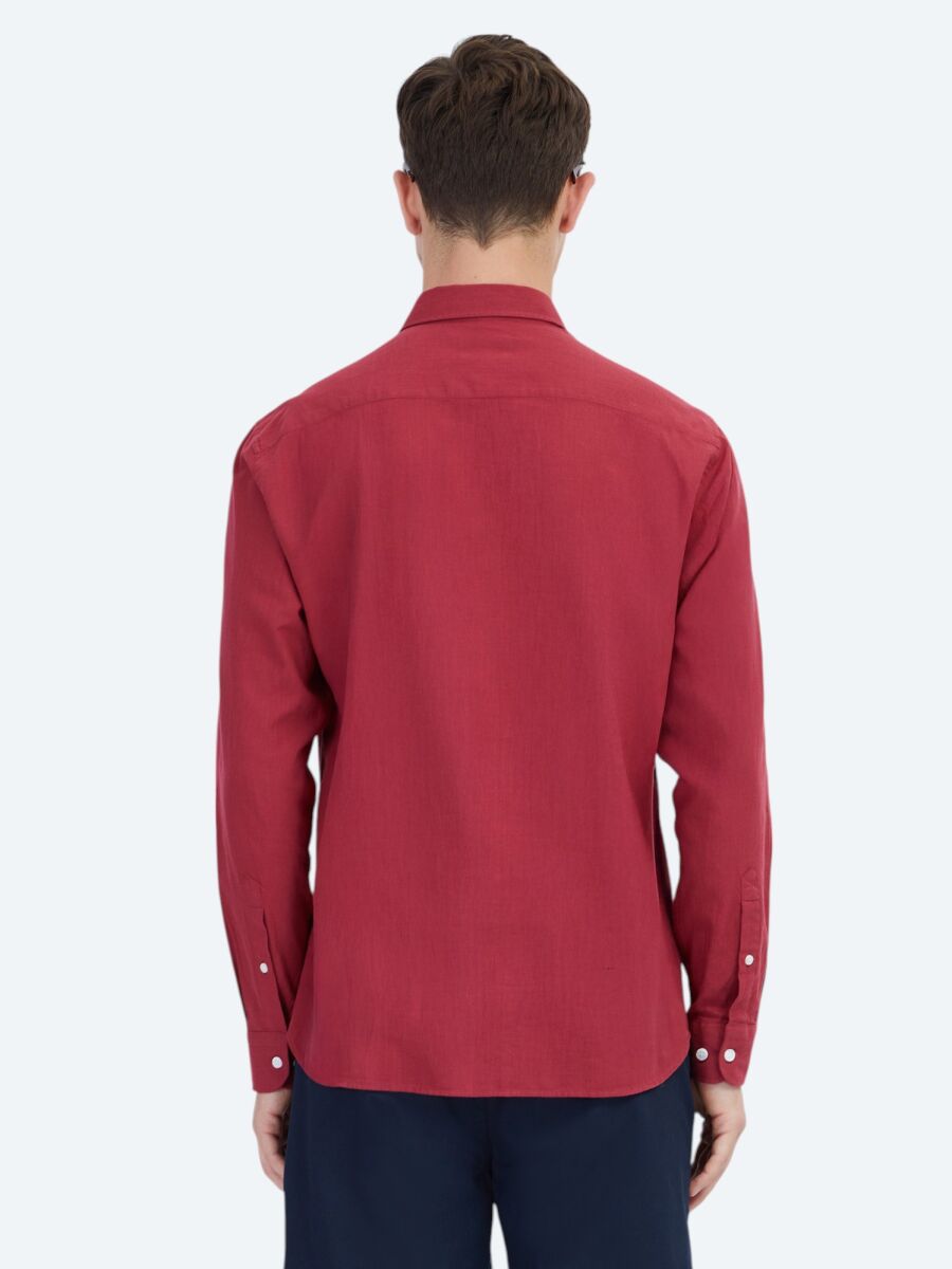 Red Plain Regular Fit Long Weaving Casual 100% Cotton Shirt - 6
