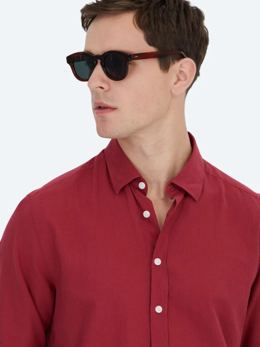 Red Plain Regular Fit Weaving Casual 100% Cotton Shirt - 3
