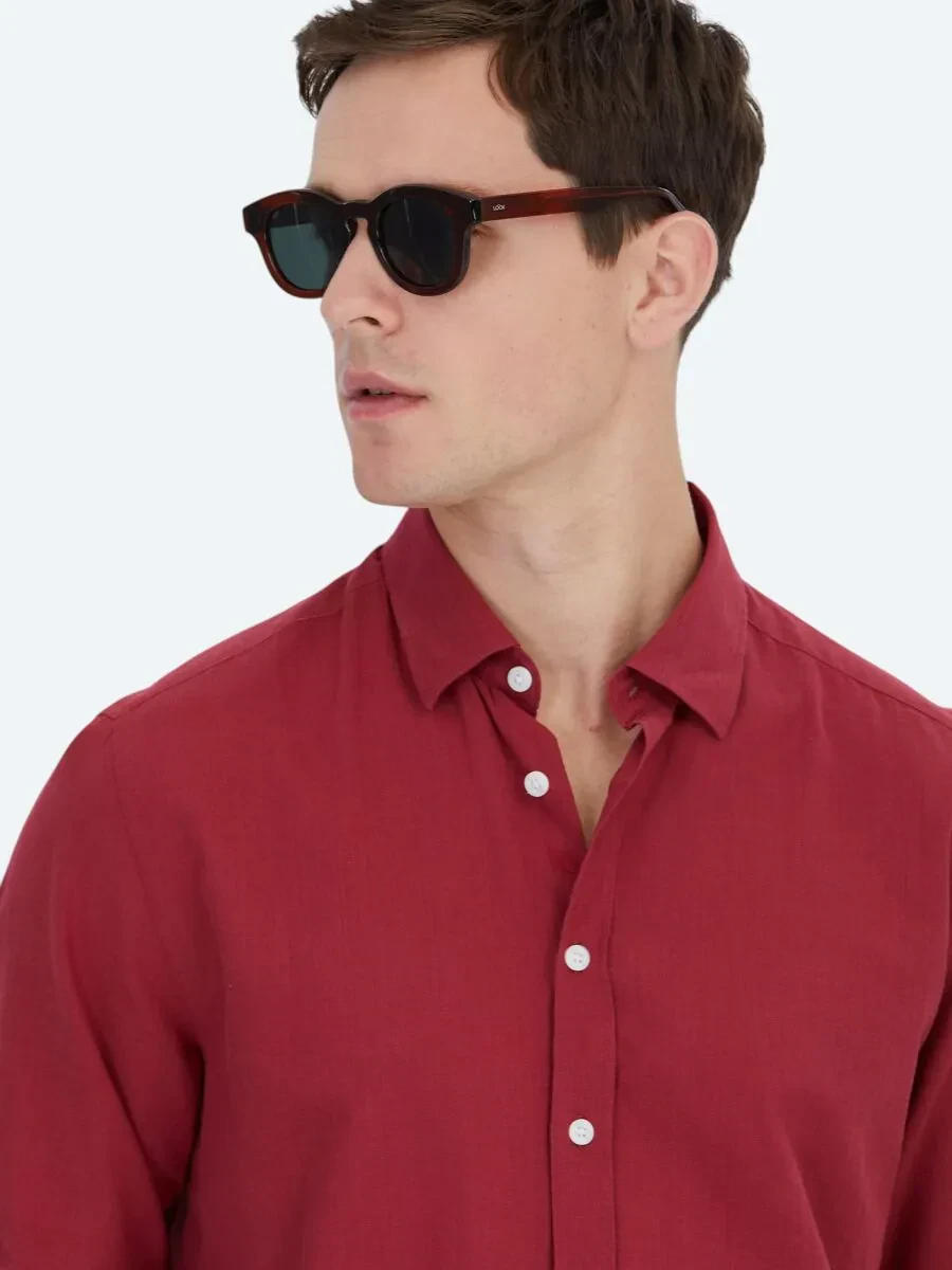 Red Plain Regular Fit Weaving Casual 100% Cotton Shirt - 3