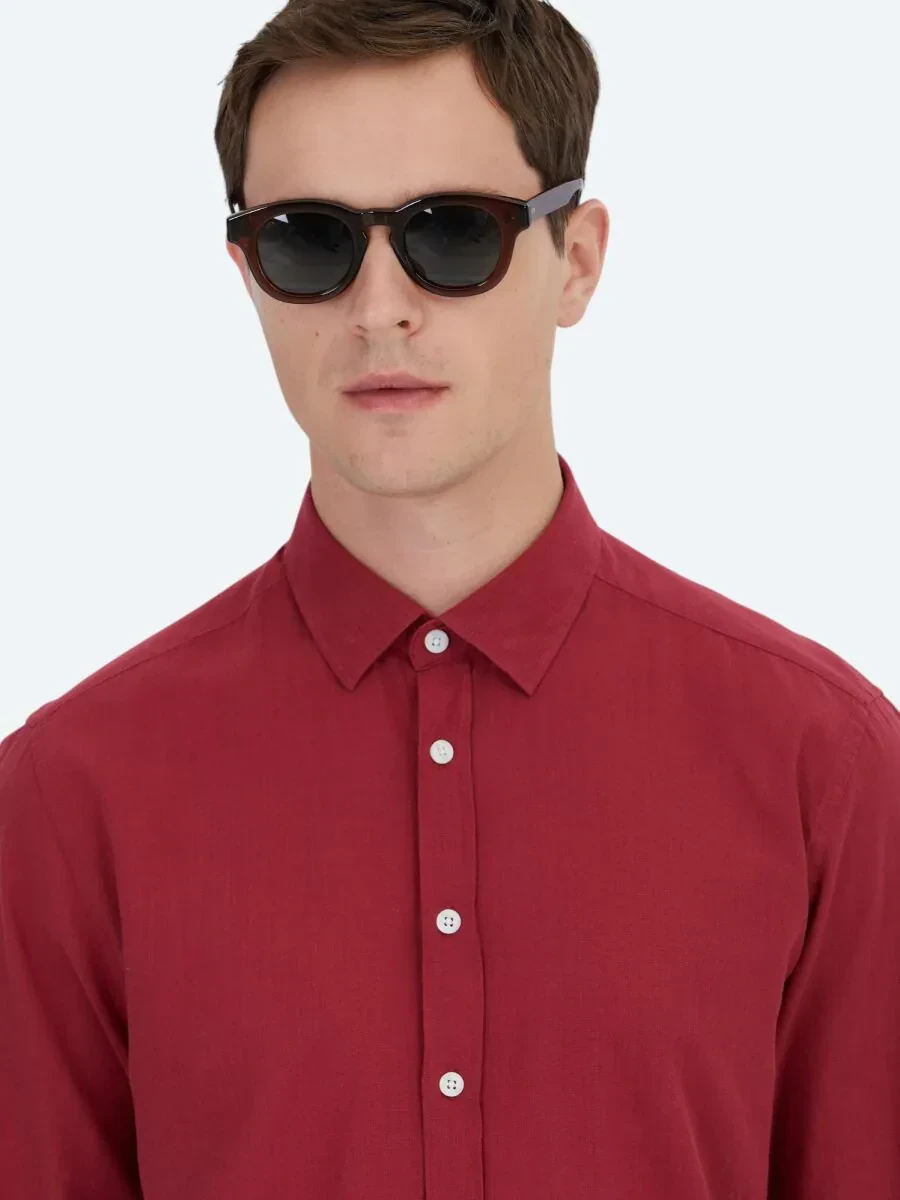 Red Plain Regular Fit Weaving Casual 100% Cotton Shirt - 4