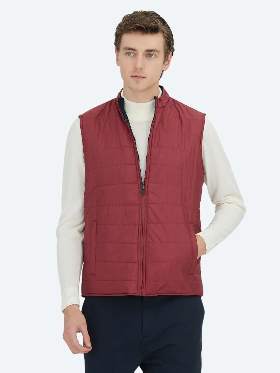 Red Regular Fit Turtleneck Casual Knitting Double-Sided Puffer Vest - 1
