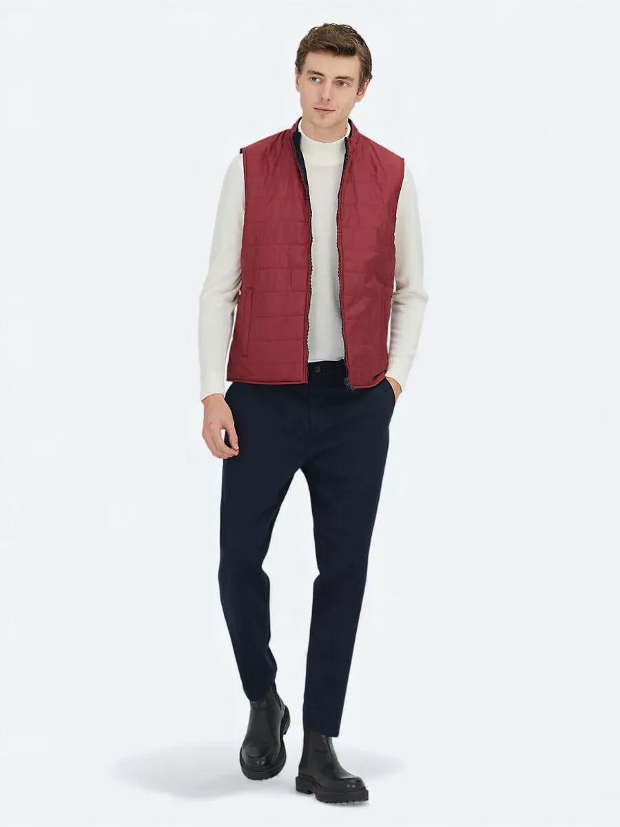 Red Regular Fit Turtleneck Casual Knitting Double-Sided Puffer Vest - 3