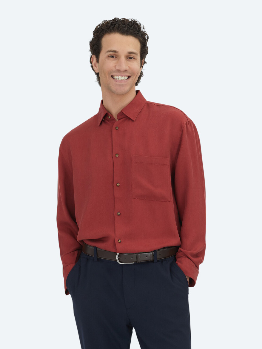 Red Ribbed Oversize Fit Long Weaving Casual Shirt 