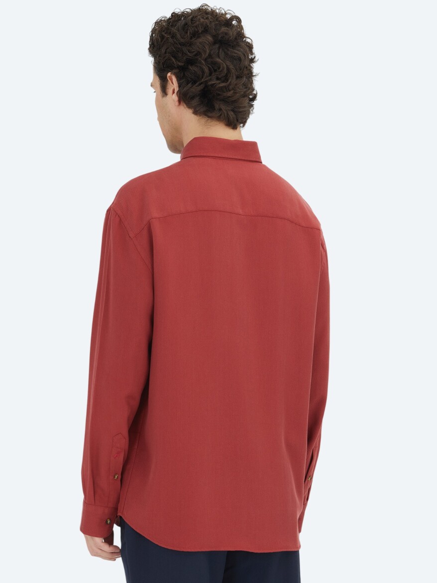 Red Ribbed Oversize Fit Long Weaving Casual Shirt - 6