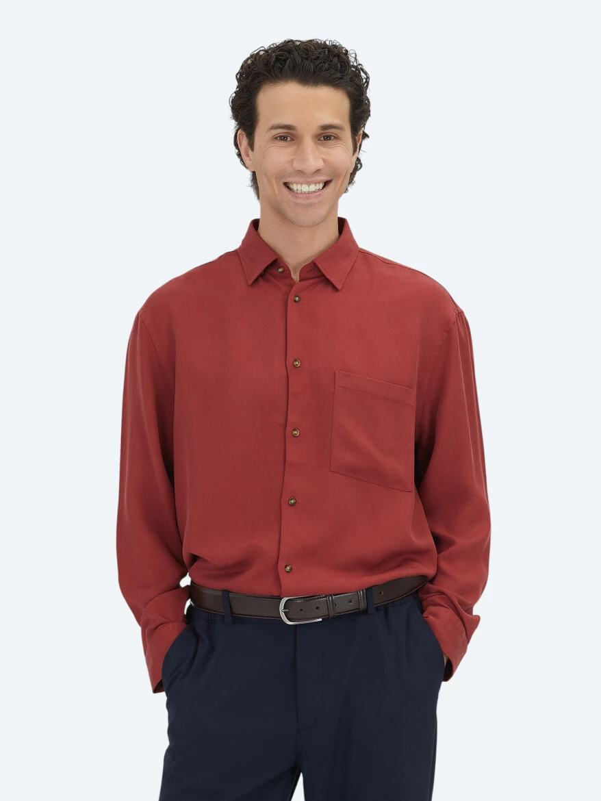 Red Ribbed Oversize Fit Weaving Casual Shirt - 4