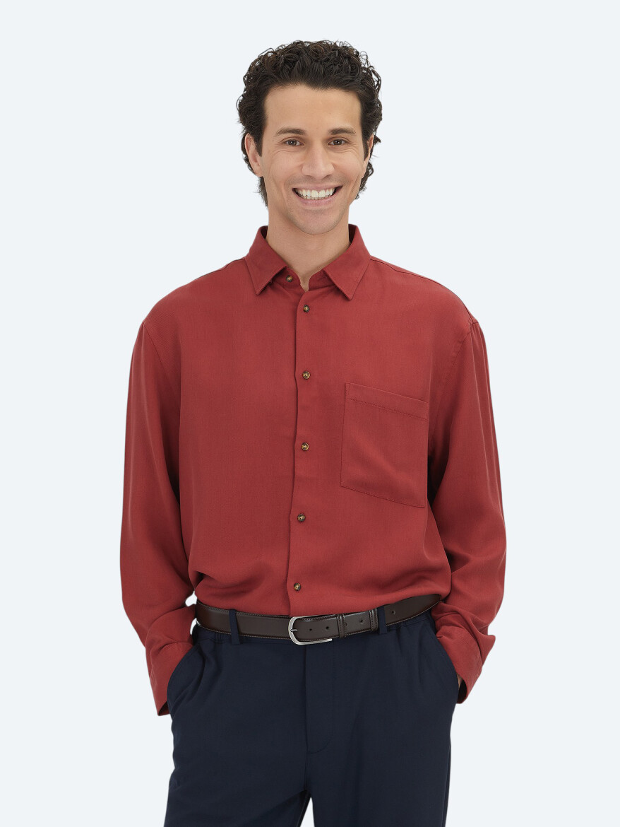 Red Ribbed Oversize Fit Weaving Casual Shirt - 4