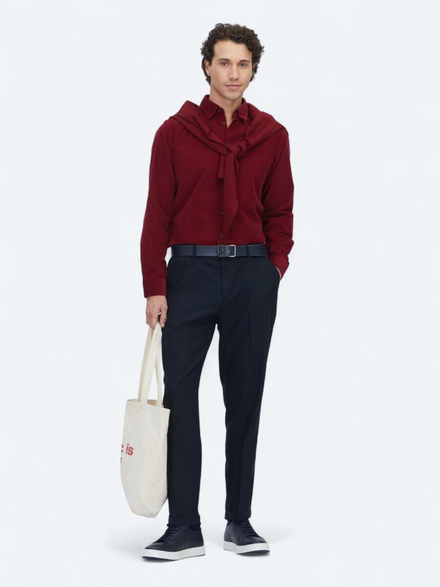 Red Striped Regular Fit Long Weaving Casual 100% Cotton Shirt - 2