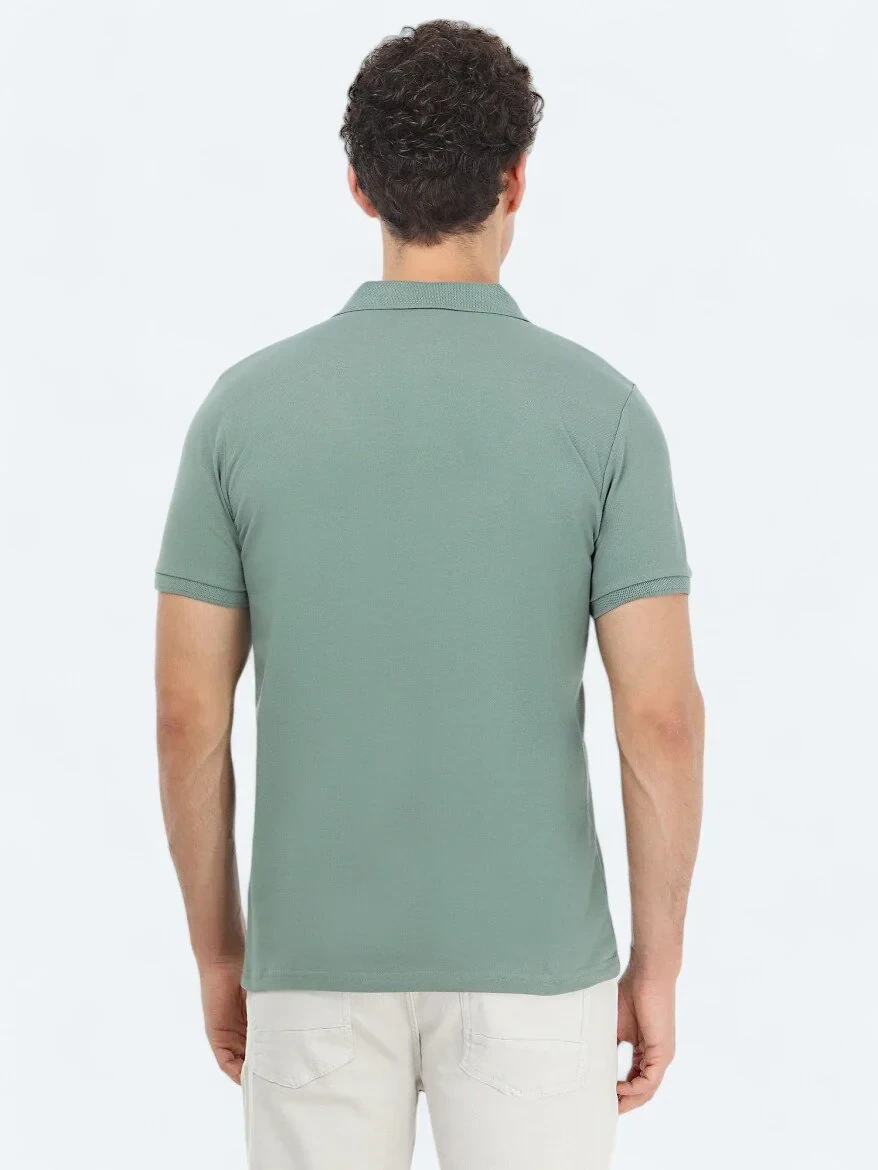 Reseda Green Plain Polo Neck 100% Cotton T-Shirt - 4