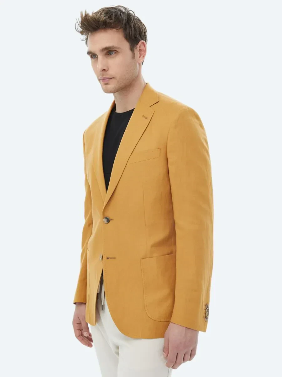 Saffron Plain Modern Fit Linen Blended Jacket - 4