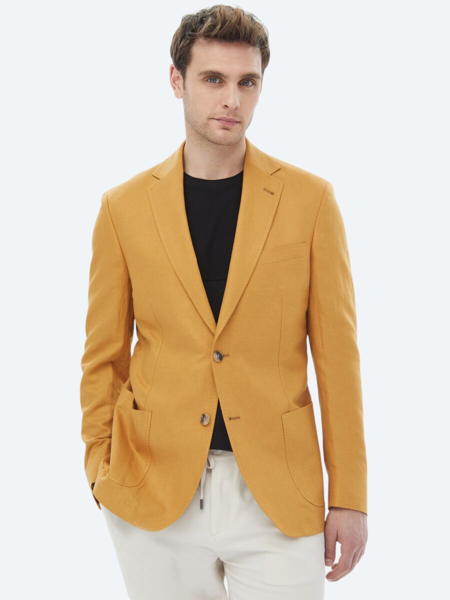 Saffron Plain Modern Fit Linen Blended Jacket - 1