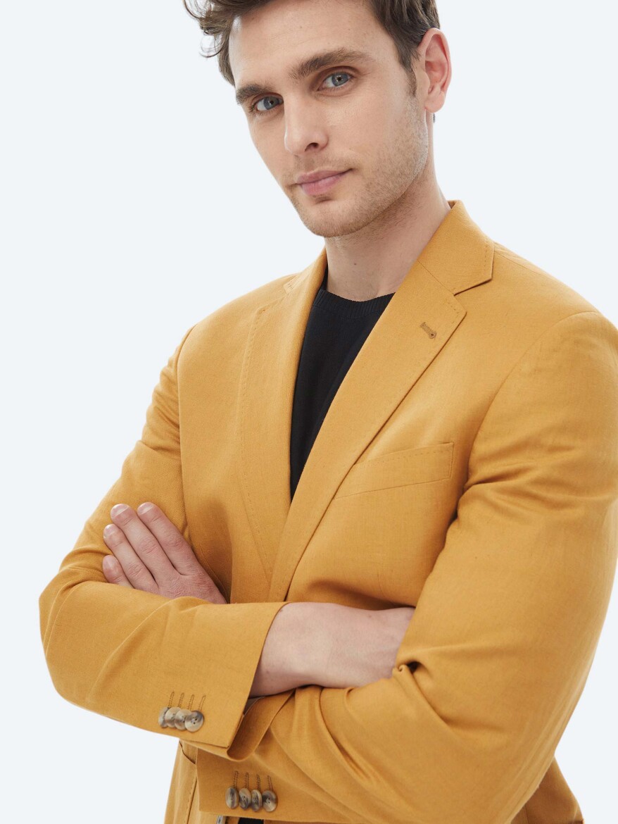 Saffron Plain Modern Fit Linen Blended Jacket - 2