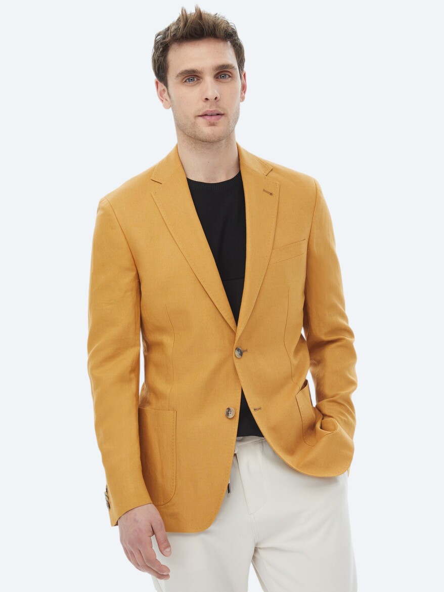 Saffron Plain Modern Fit Linen Blended Jacket - 5