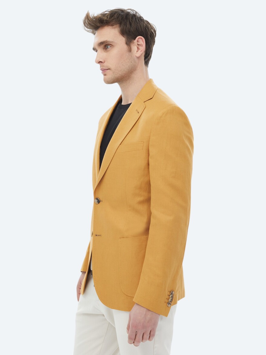 Saffron Plain Modern Fit Linen Blended Jacket - 6