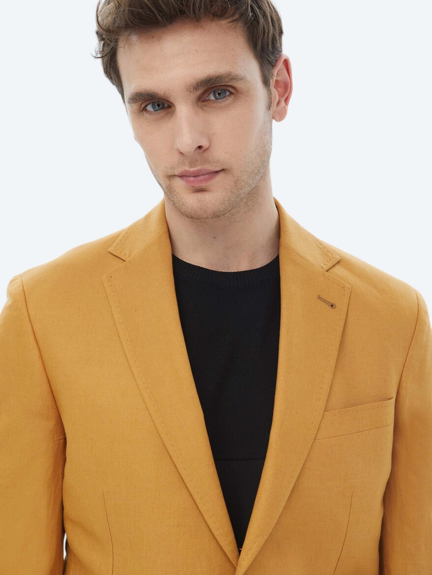 Saffron Plain Modern Fit Linen Blended Jacket - 8