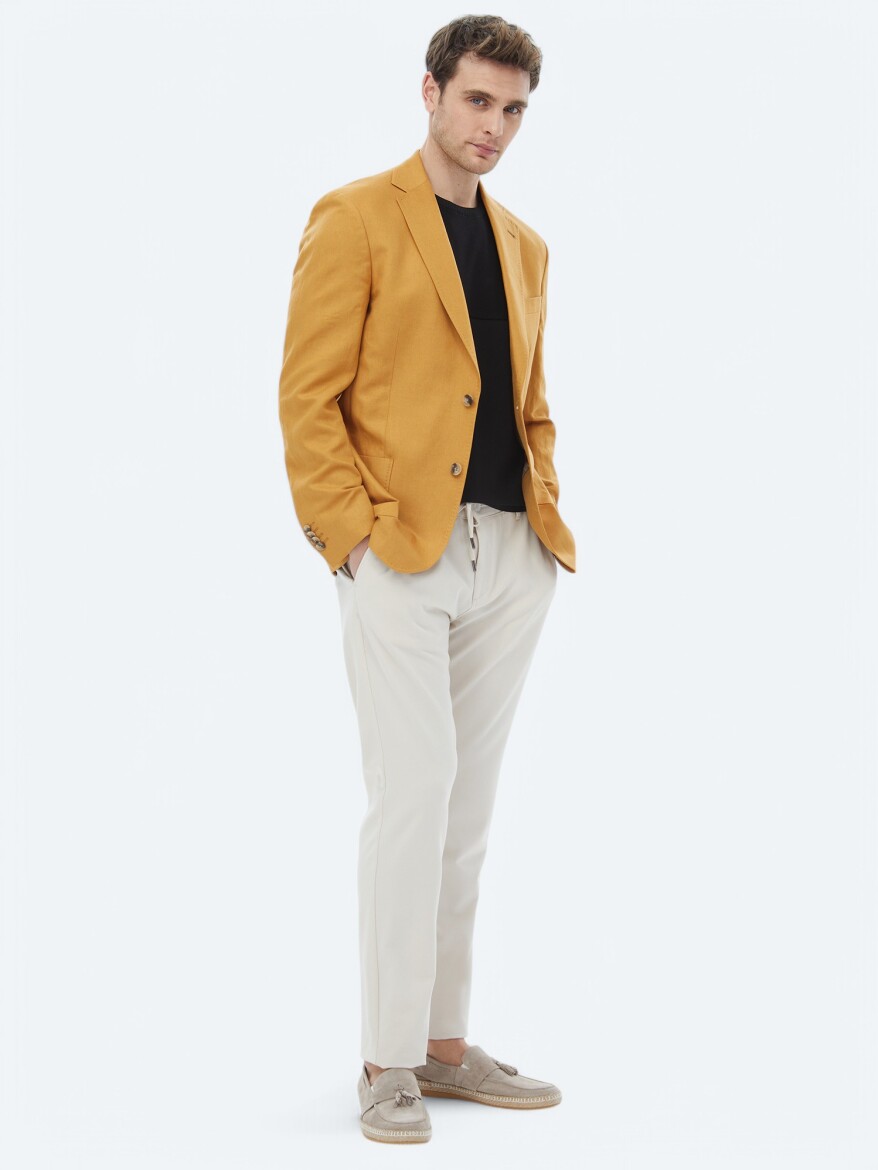 Saffron Plain Modern Fit Linen Blended Jacket - 10