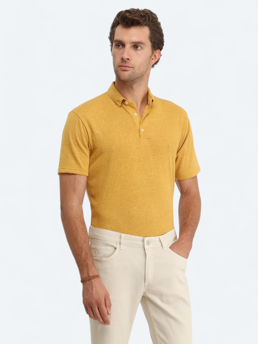 Saffron Plain Polo Neck Cotton Blended T-Shirt - 1