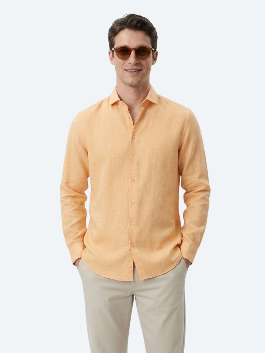Saffron Plain Regular Fit Long Weaving Casual Cotton Blended Shirt - 1