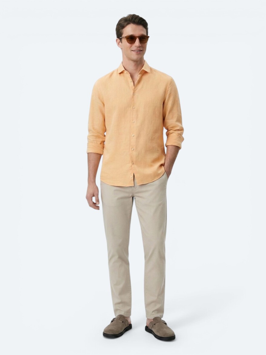 Saffron Plain Regular Fit Long Weaving Casual Cotton Blended Shirt - 3