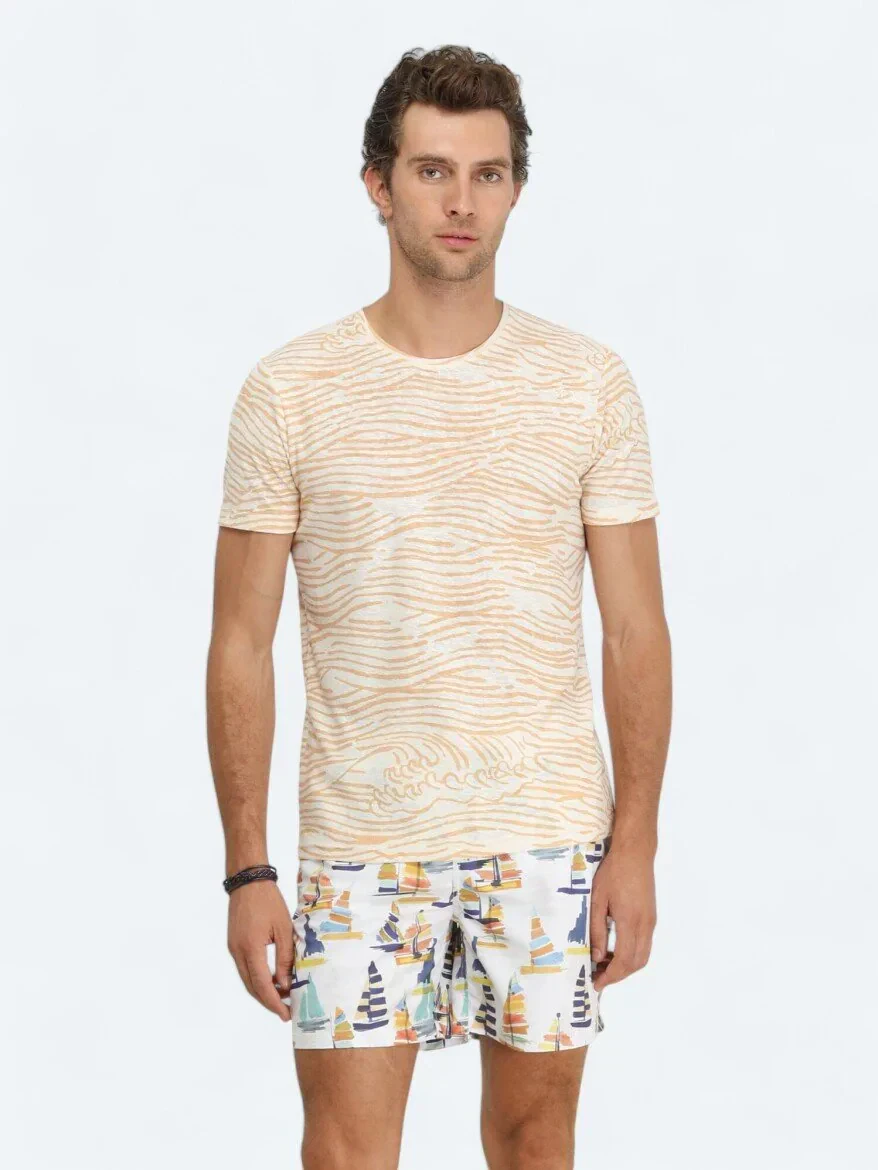 Saffron Printed Crew Neck Cotton Blended T-Shirt - 1