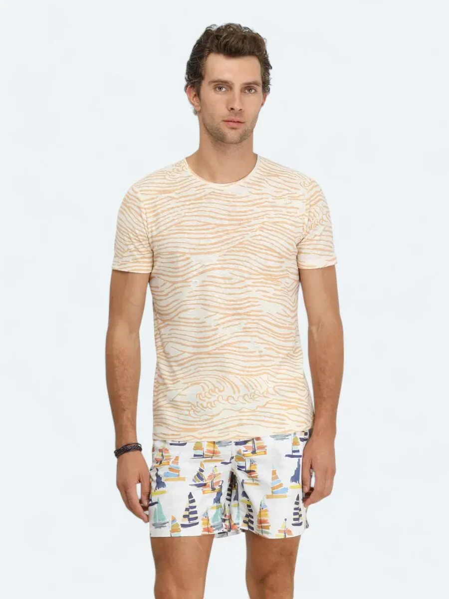 Saffron Printed Crew Neck Cotton Blended T-Shirt - 1