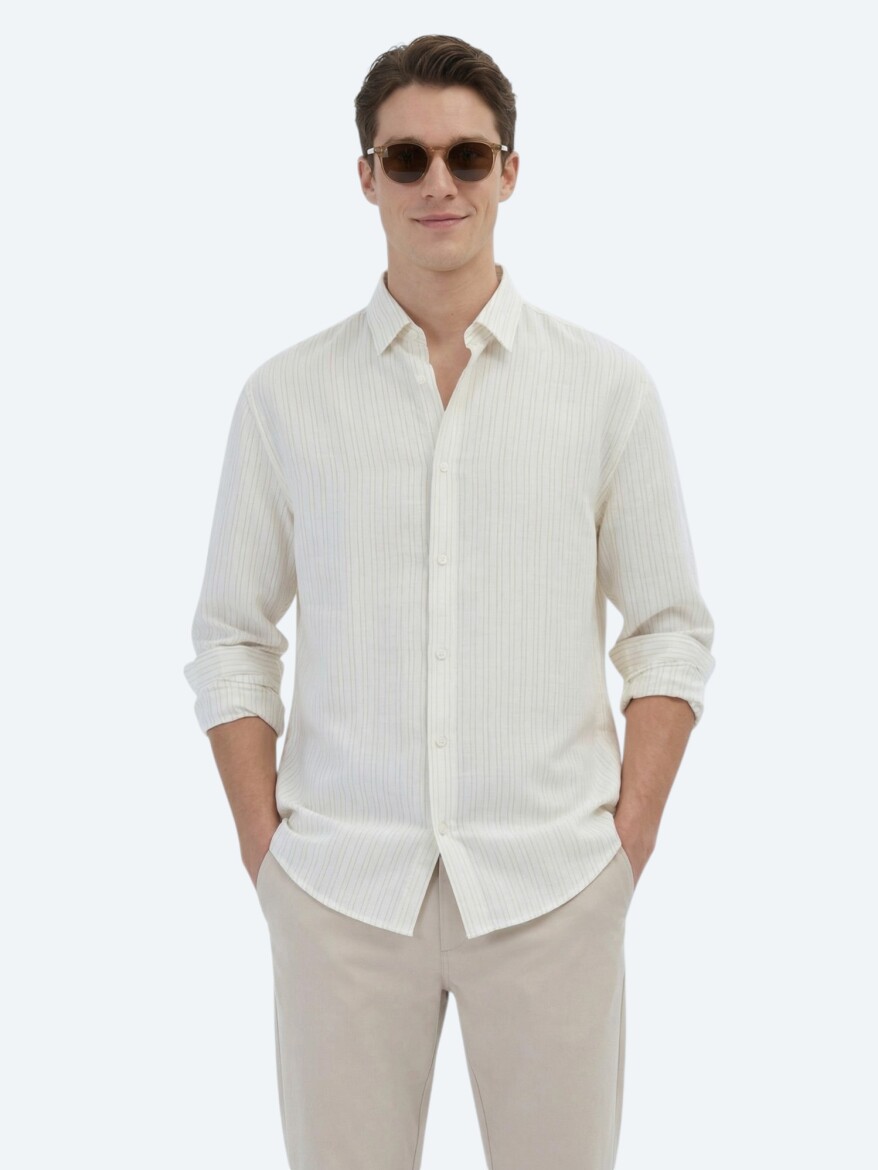 Saffron Striped Oversize Fit Long Weaving Casual Shirt - KİP