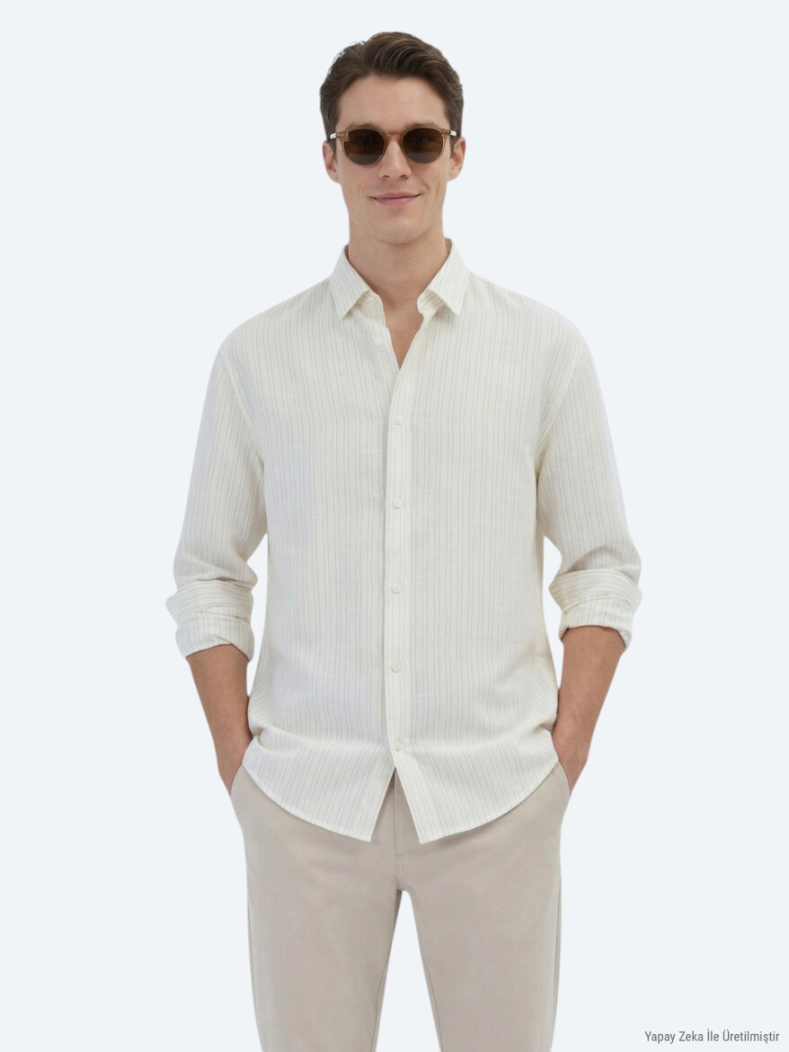 Saffron Striped Oversize Fit Long Weaving Casual Shirt - KİP