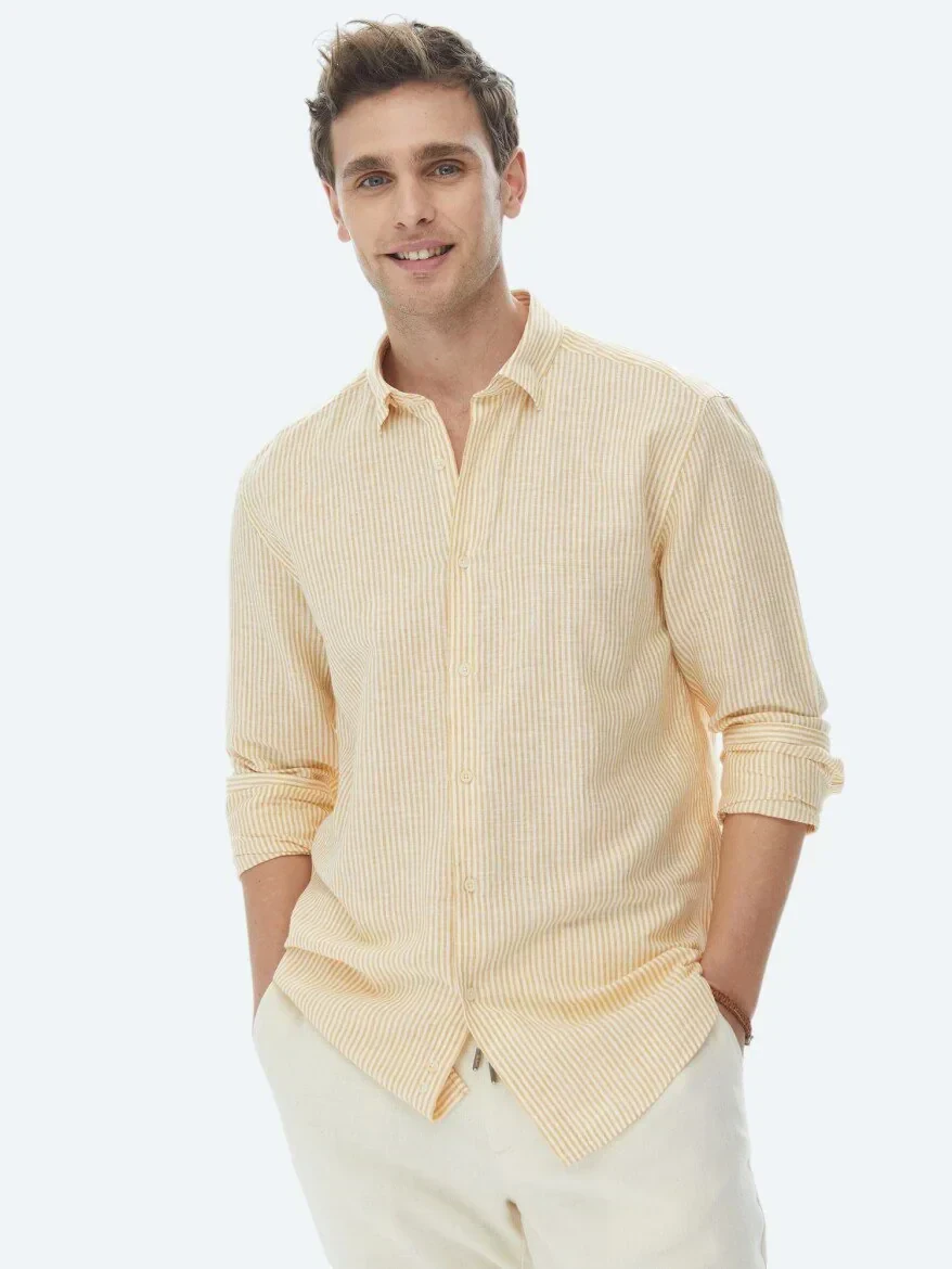 Saffron Striped Regular Fit Weaving Casual Cotton Blended Shirt - 1
