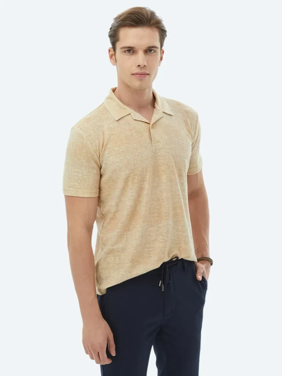 Safran Baskılı Küba Yaka Pamuk Karışımlı T-Shirt - 5