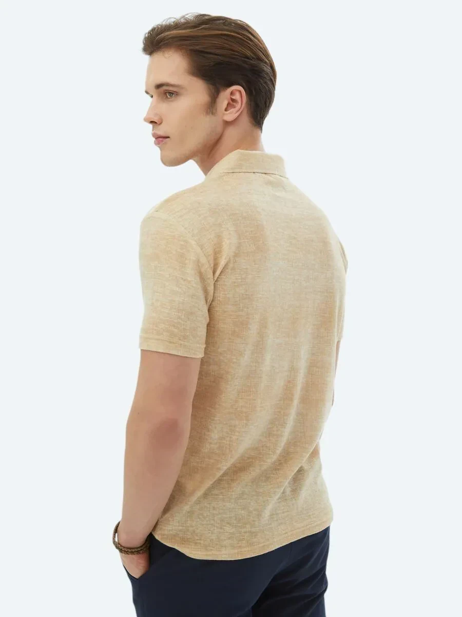 Safran Baskılı Küba Yaka Pamuk Karışımlı T-Shirt - 8